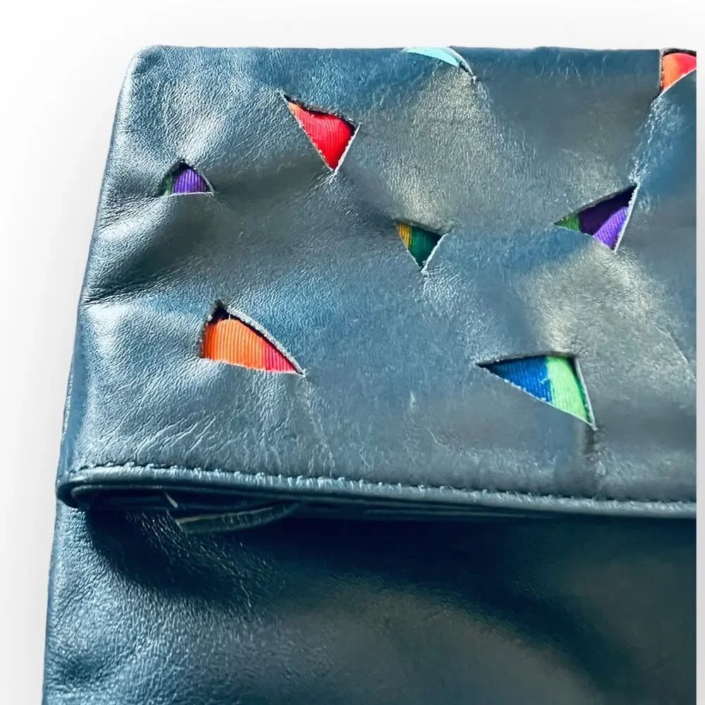 Pioneer Vintage 80s Navy Blue Leather Fold Over Clutch Purse w/ Fabric Cut Outs